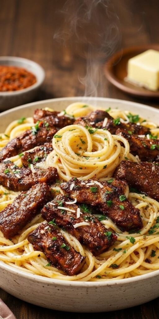 Cajun Garlic Butter Spaghetti with Beef Strips Recipe
