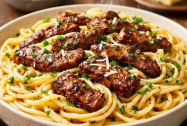 Cajun Garlic Butter Spaghetti with Beef Strips Recipe