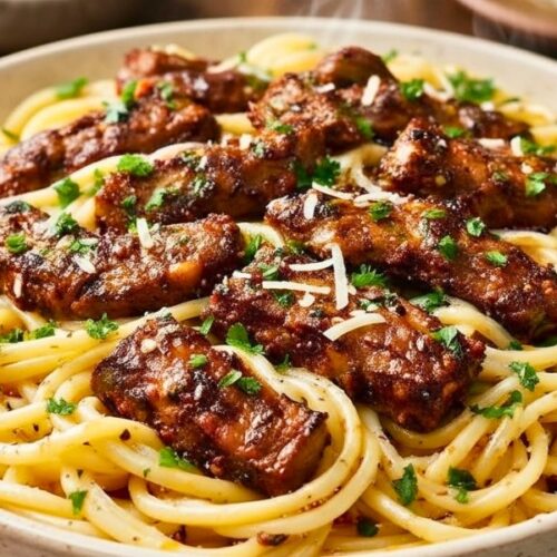Cajun Garlic Butter Spaghetti with Beef Strips Recipe