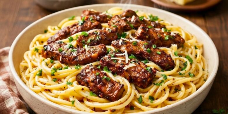 Cajun Garlic Butter Spaghetti with Beef Strips Recipe