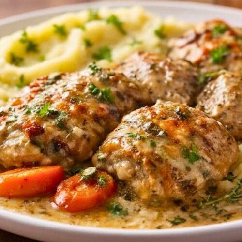 Creamy Herb Chicken Thighs with Carrots & Mash Recipe Creamy Herb Chicken Thighs with Carrots & Mash Recipe