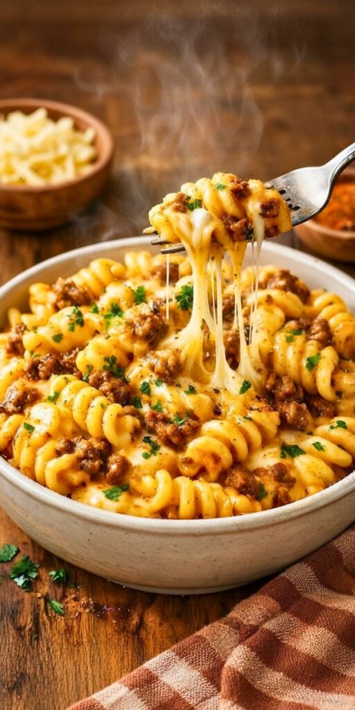 Mozzarella Rotini with Spicy Cajun Beef and Velveeta Sauce Recipe