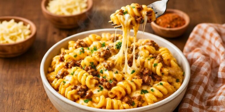 Mozzarella Rotini with Spicy Cajun Beef and Velveeta Sauce Recipe