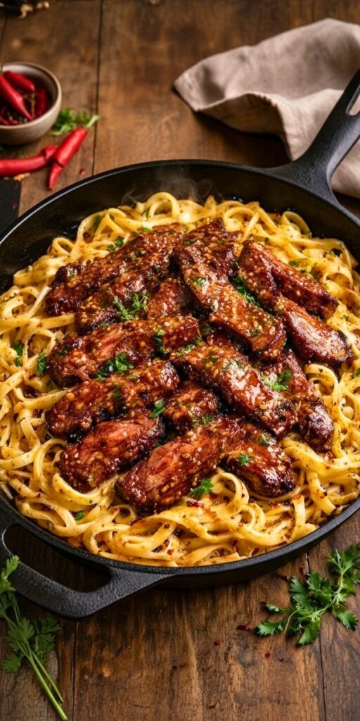 One-Skillet Spicy Honey Steak & Pasta Recipe