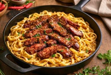 One-Skillet Spicy Honey Steak & Pasta Recipe