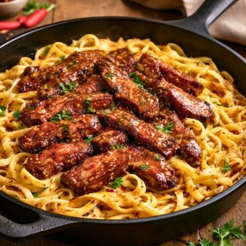 One-Skillet Spicy Honey Steak & Pasta Recipe
