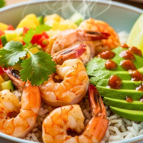 Shrimp and Avocado Bowls with Mango Salsa & Lime-Chili Sauce Recipe