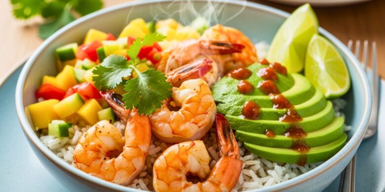 Shrimp and Avocado Bowls with Mango Salsa & Lime-Chili Sauce Recipe