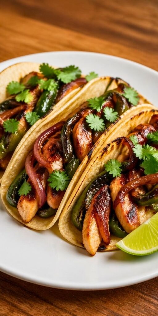 Bobby Flay Chicken Tacos with Grilled Poblanos BBQ Onions Recipe
