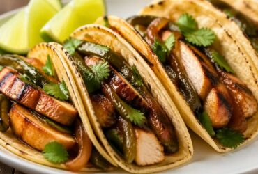 Bobby Flay Chicken Tacos with Grilled Poblanos BBQ Onions Recipe