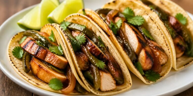 Bobby Flay Chicken Tacos with Grilled Poblanos BBQ Onions Recipe