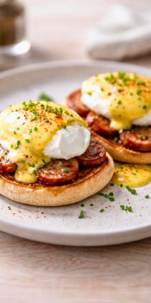 Bobby Flay Eggs Benedict With Apple Sausage And Mustard Hollandaise Recipe