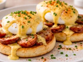 Bobby Flay Eggs Benedict With Apple Sausage And Mustard Hollandaise Recipe