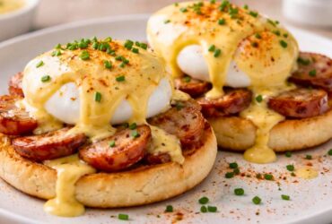 Bobby Flay Eggs Benedict With Apple Sausage And Mustard Hollandaise Recipe