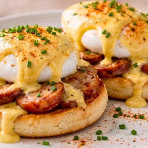 Bobby Flay Eggs Benedict With Apple Sausage And Mustard Hollandaise Recipe