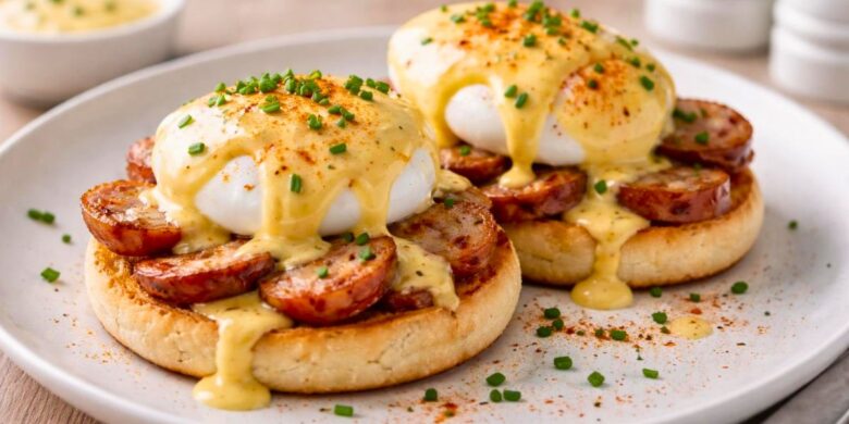 Bobby Flay Eggs Benedict With Apple Sausage And Mustard Hollandaise Recipe
